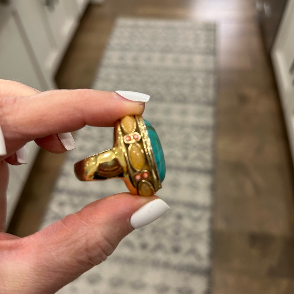 Gold-Tone Turquoise Statement Ring - Bold Blue Ge… - image 1